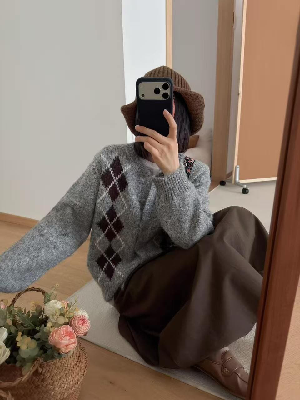 한 부서 레트로 링 그리드 자카드 스웨터 여성 코트 가을 부드러운 찹쌀 루즈핏 다용도 스택 착용 니트 오픈 가디건 맨위 이미지 2