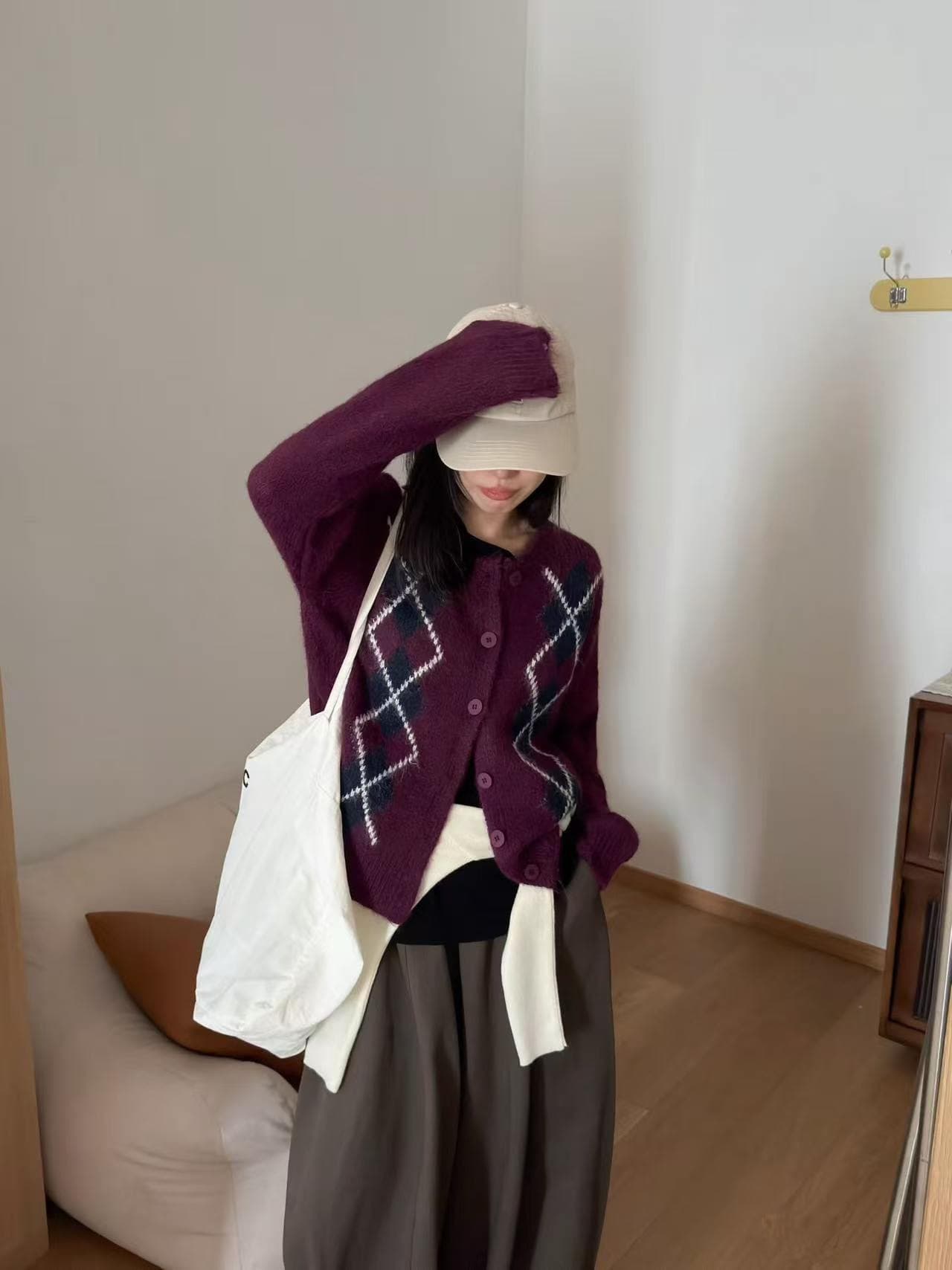 한 부서 레트로 링 그리드 자카드 스웨터 여성 코트 가을 부드러운 찹쌀 루즈핏 다용도 스택 착용 니트 오픈 가디건 맨위 상세 이미지 5