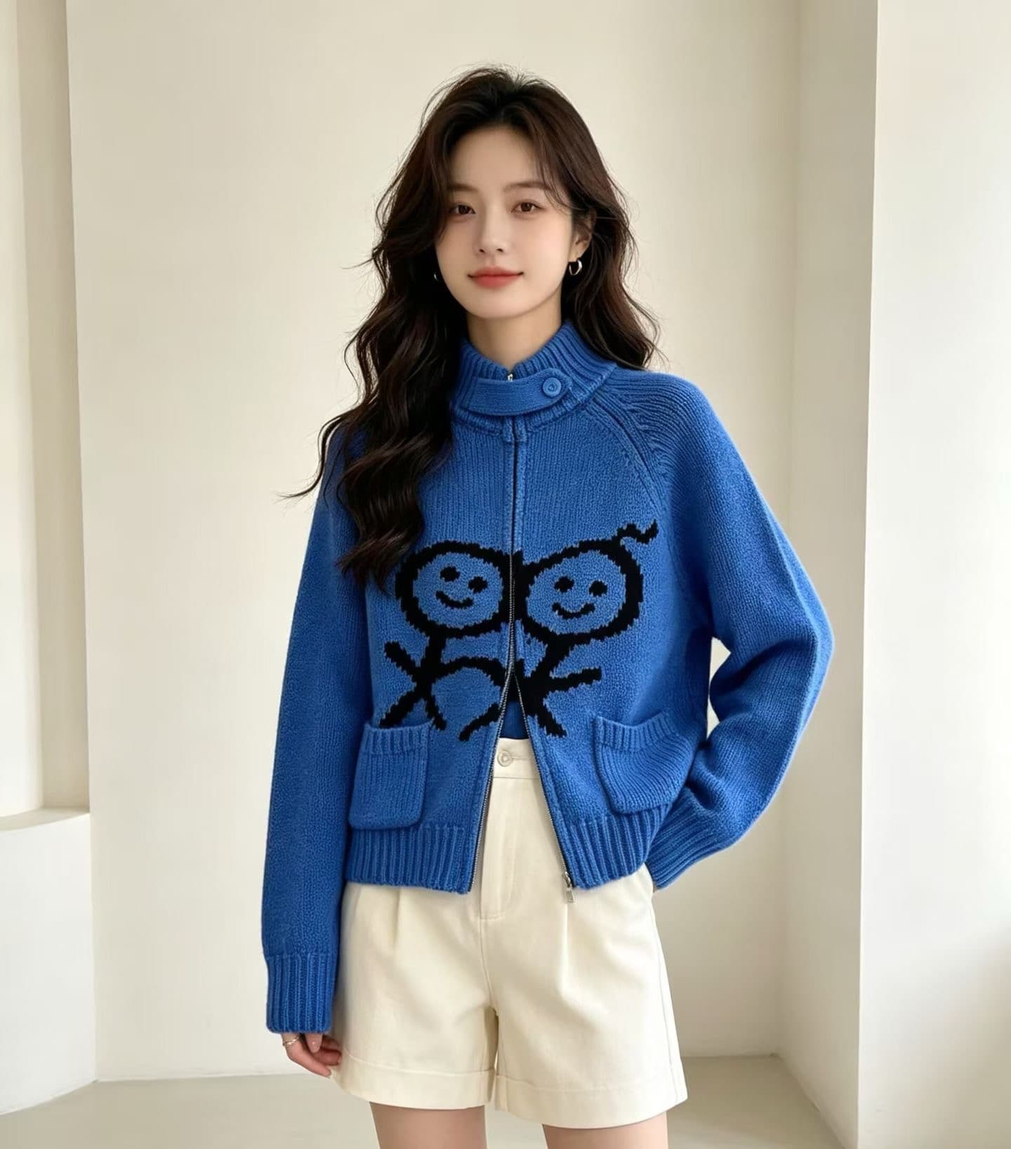 폭발 터틀넥 루즈핏 스웨터 오픈 가디건 경기 사람들 자카드 시리즈 니트 지퍼 재킷 니트