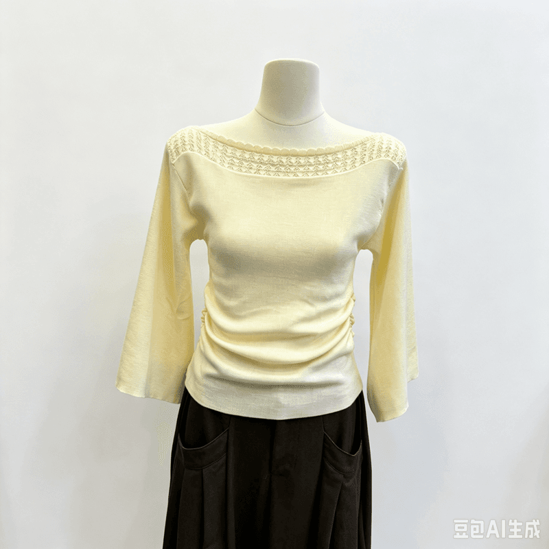 한 부서 보트넥 레이스 니트 스웨터 가을 나팔 7부 소매 측면 펌프 Pleat 허리 수축 부드러운 바람 슬림해 보이는 상세 이미지 2