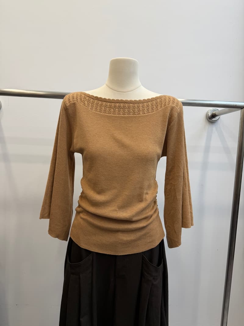 한 부서 보트넥 레이스 니트 스웨터 가을 나팔 7부 소매 측면 펌프 Pleat 허리 수축 부드러운 바람 슬림해 보이는 상세 이미지 7