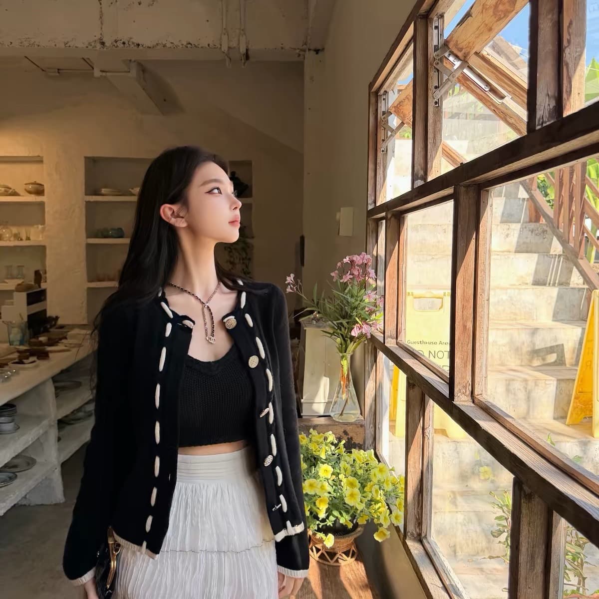 chicyou 착용 로프 디자인 샤오시엔 100 양모 기초 다용도 흑인과 백인 패치워크 색상 니트 카디건 코트 이미지 5