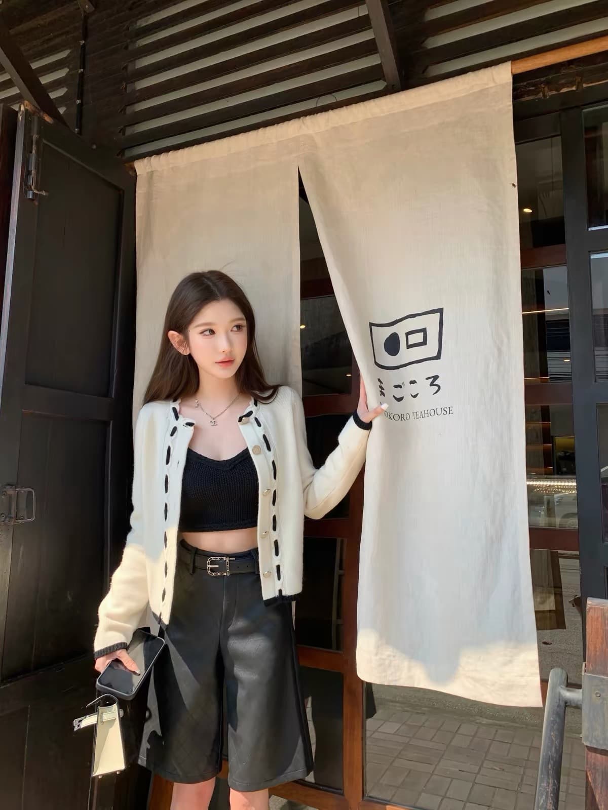 chicyou 착용 로프 디자인 샤오시엔 100 양모 기초 다용도 흑인과 백인 패치워크 색상 니트 카디건 코트 이미지 4