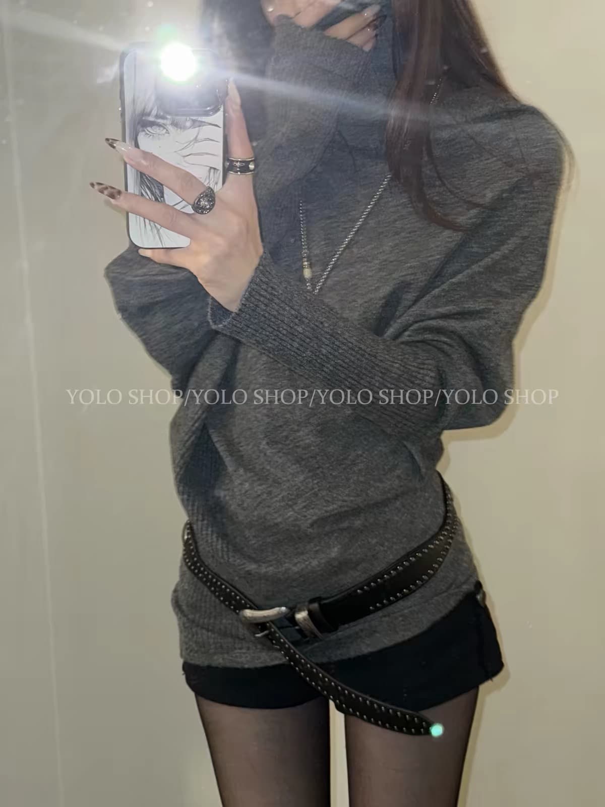 yolo shop 수렴성의 골짜기 핫걸 불규칙 디자인 센스 배트윙 소매 니트 풀오버 긴팔 맨위 이미지 4
