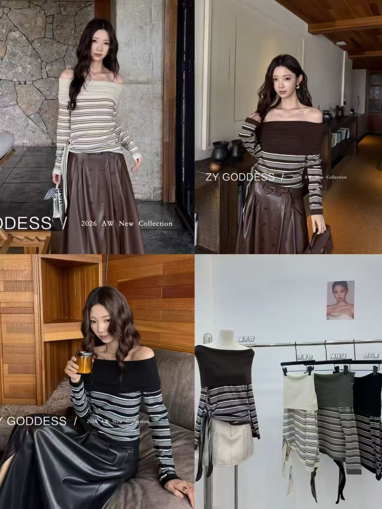 가을 순수한 욕망 분위기 센스 작은 여자 패션 스트라이프 폴로 칼라 오프숄더 측면 스트랩 작은 셔츠 니트 스웨터 상세 이미지 8
