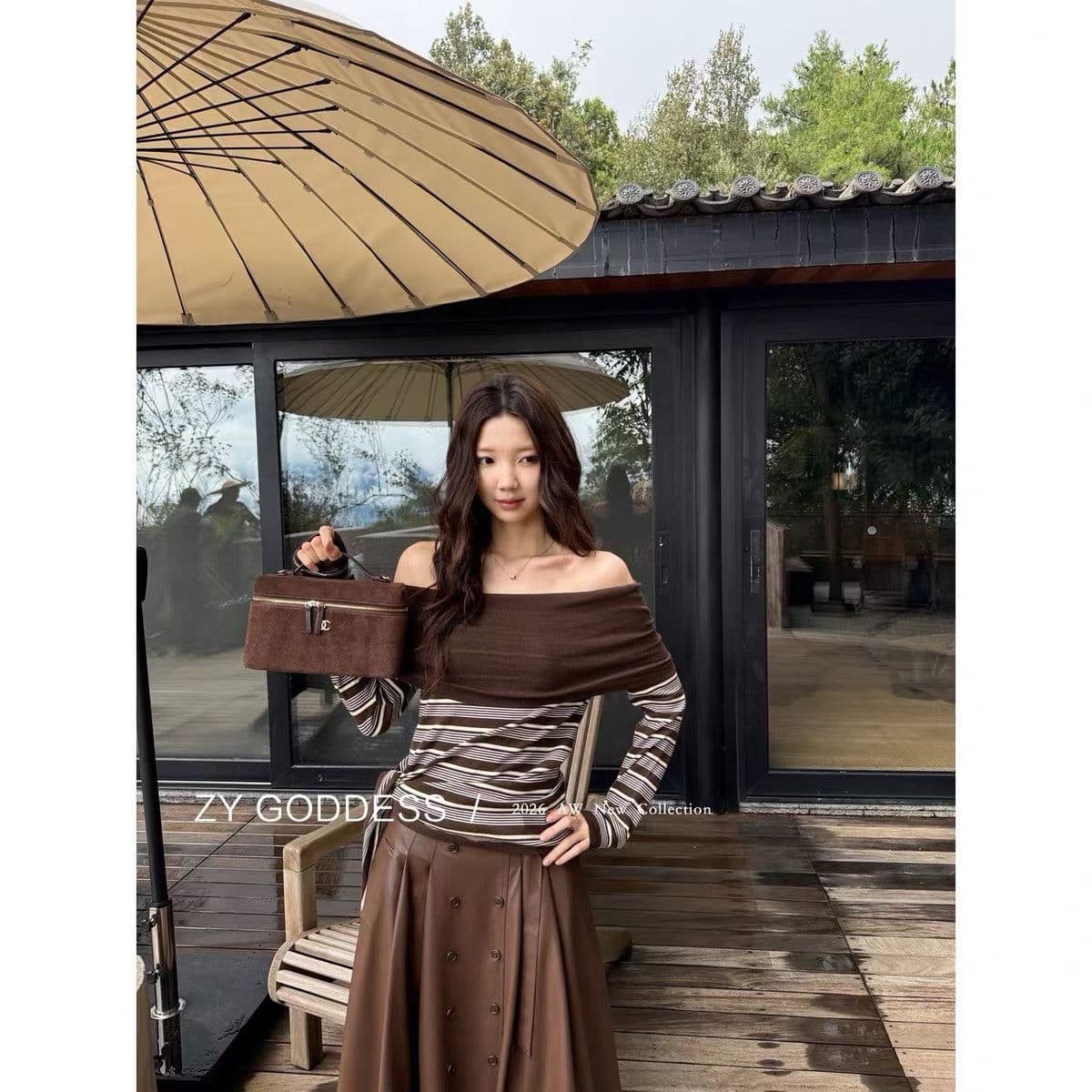 가을 순수한 욕망 분위기 센스 작은 여자 패션 스트라이프 폴로 칼라 오프숄더 측면 스트랩 작은 셔츠 니트 스웨터 상세 이미지 9
