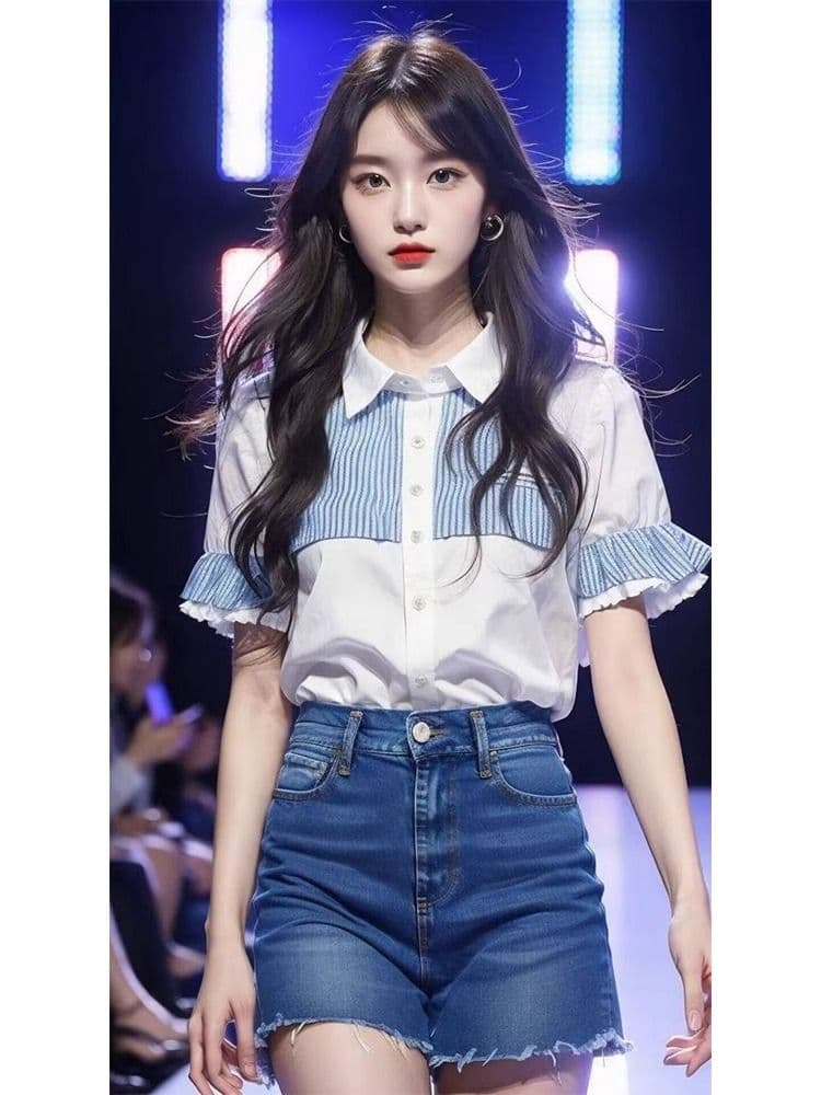 재고 있음 여름 chic 블루 화이트 배색 셔츠 외국 가스 작은 셔츠 셔츠 여자 새로운 루즈핏 슬림해 보이는 맨위 상세 이미지 3