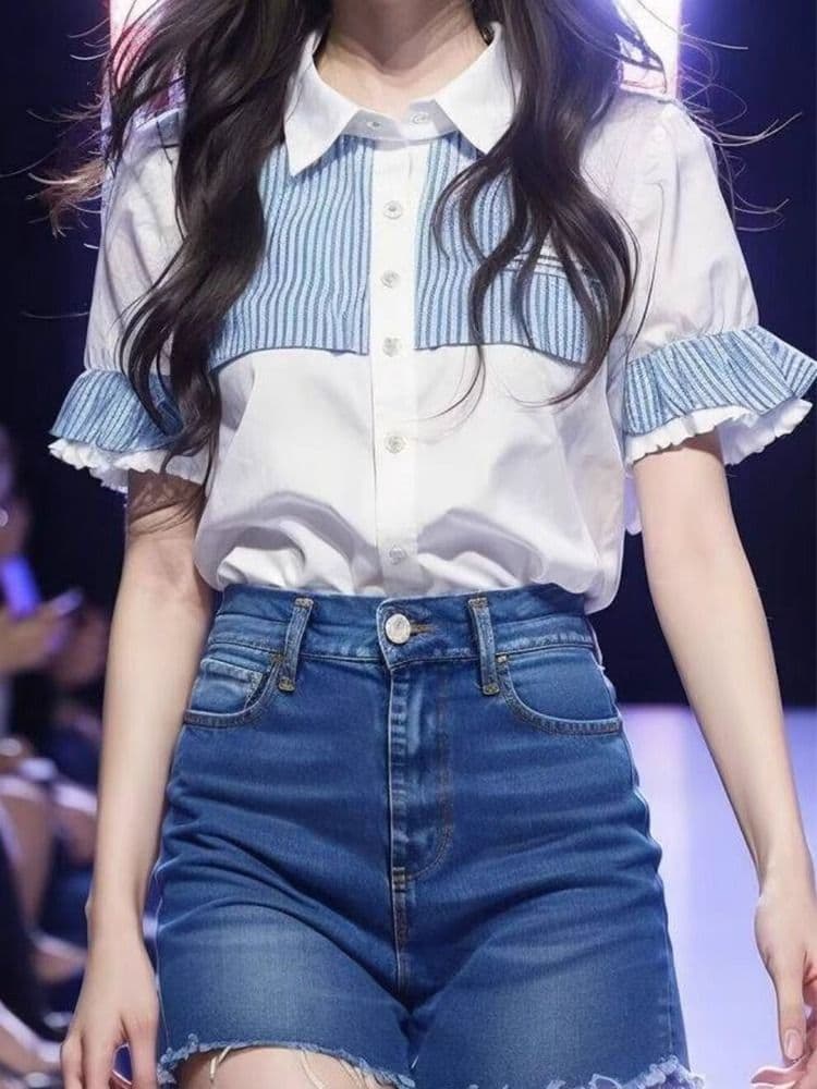 재고 있음 여름 chic 블루 화이트 배색 셔츠 외국 가스 작은 셔츠 셔츠 여자 새로운 루즈핏 슬림해 보이는 맨위 상세 이미지 4