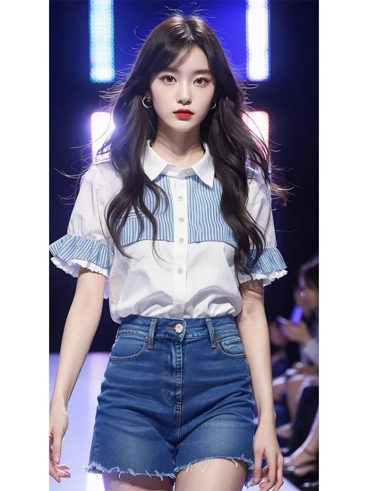 재고 있음 여름 chic 블루 화이트 배색 셔츠 외국 가스 작은 셔츠 셔츠 여자 새로운 루즈핏 슬림해 보이는 맨위 상세 이미지 7