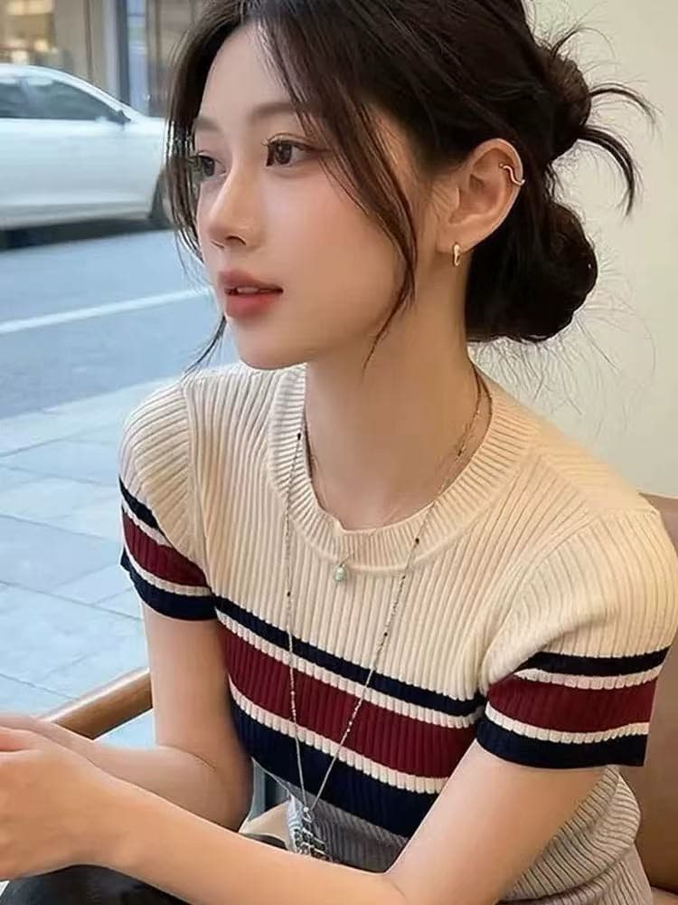재고 있음 레트로 스타일 배색 스트라이프 반팔 니트 스웨터 여성 여름 몸매 가꾸기 슬림해 보이는 라운드 넥 다용도 만나는 맨위 이미지 3