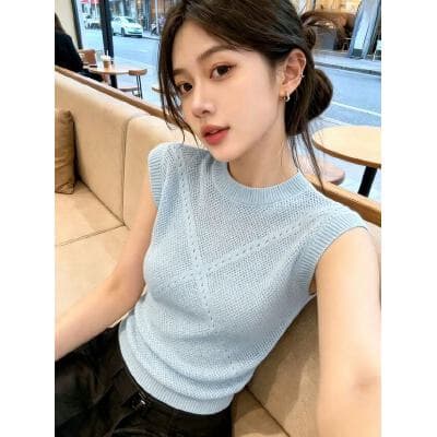 재고 있음 한 부서 라운드 넥 홀로우 아웃 얇은 스타일 민소매 조끼 니트 스웨터 여성 2026 여름 몸매 가꾸기 슬림해 보이는 외국 가스 맨위 상세 이미지 2