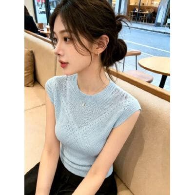 재고 있음 한 부서 라운드 넥 홀로우 아웃 얇은 스타일 민소매 조끼 니트 스웨터 여성 2026 여름 몸매 가꾸기 슬림해 보이는 외국 가스 맨위 상세 이미지 6