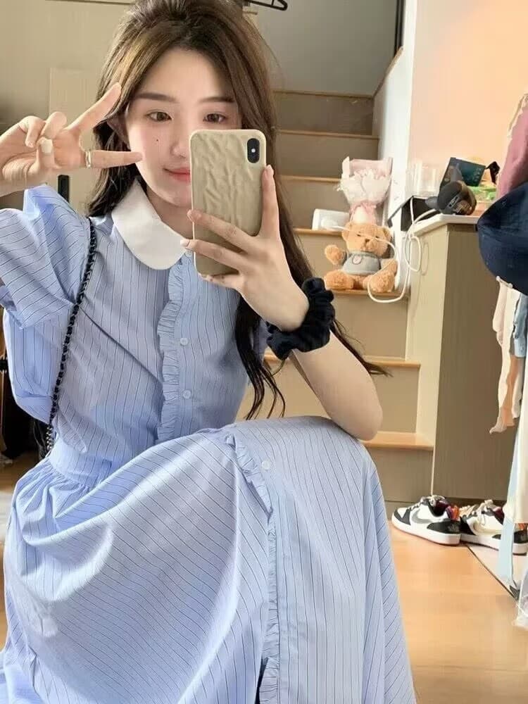 재고 있음 베이비 칼라 셔츠 2026 새로운 배 모양 몸 착용 가져 가라. 프랑스식 고급 센스 롱 스커트 미니멀리즘 투피스 세트 이미지 4
