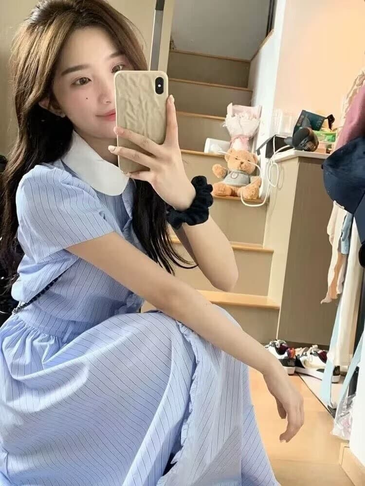 재고 있음 베이비 칼라 셔츠 2026 새로운 배 모양 몸 착용 가져 가라. 프랑스식 고급 센스 롱 스커트 미니멀리즘 투피스 세트 이미지 2