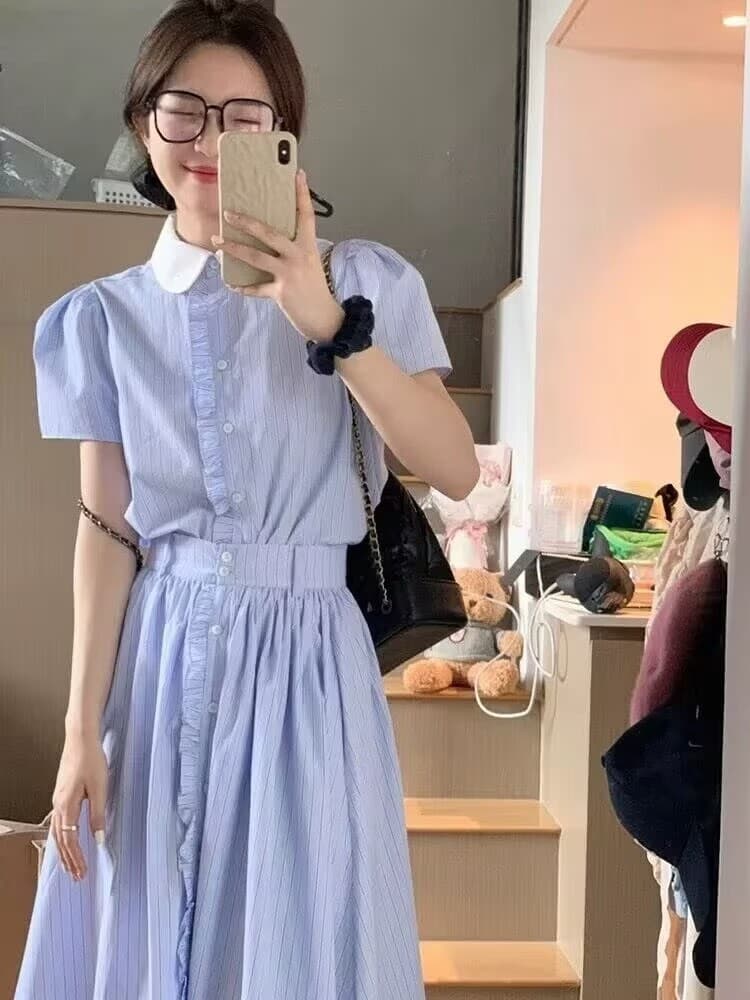 재고 있음 베이비 칼라 셔츠 2026 새로운 배 모양 몸 착용 가져 가라. 프랑스식 고급 센스 롱 스커트 미니멀리즘 투피스 세트 상세 이미지 5