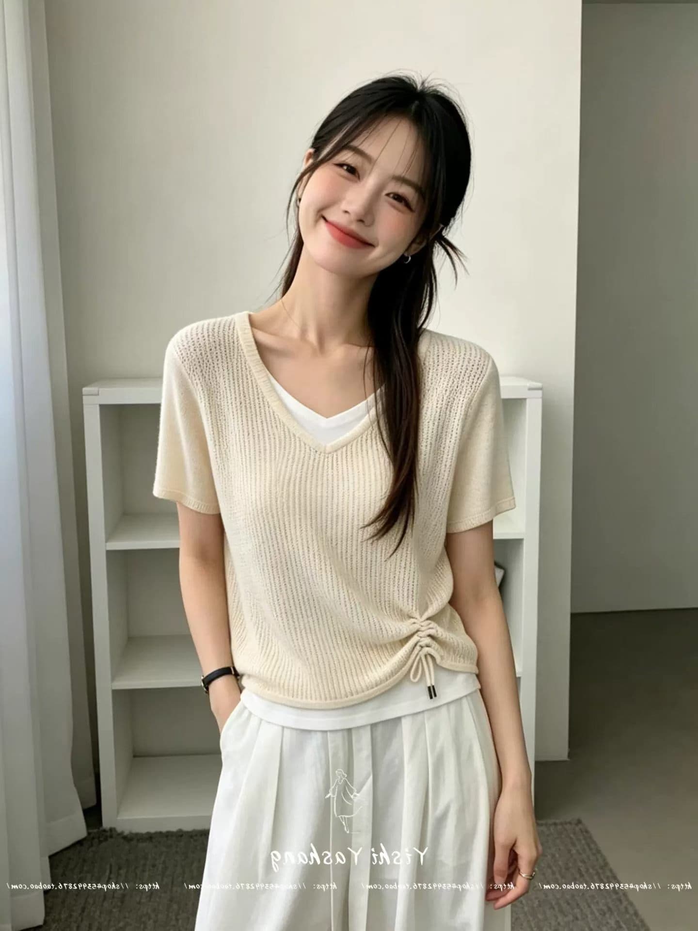 재고 있음 불규칙 V넥 펌프 로프 배색 페이크 레이어드 맨위 여성 여름 한국 스타일 연령 감소 얼음 실크 니트 스웨터