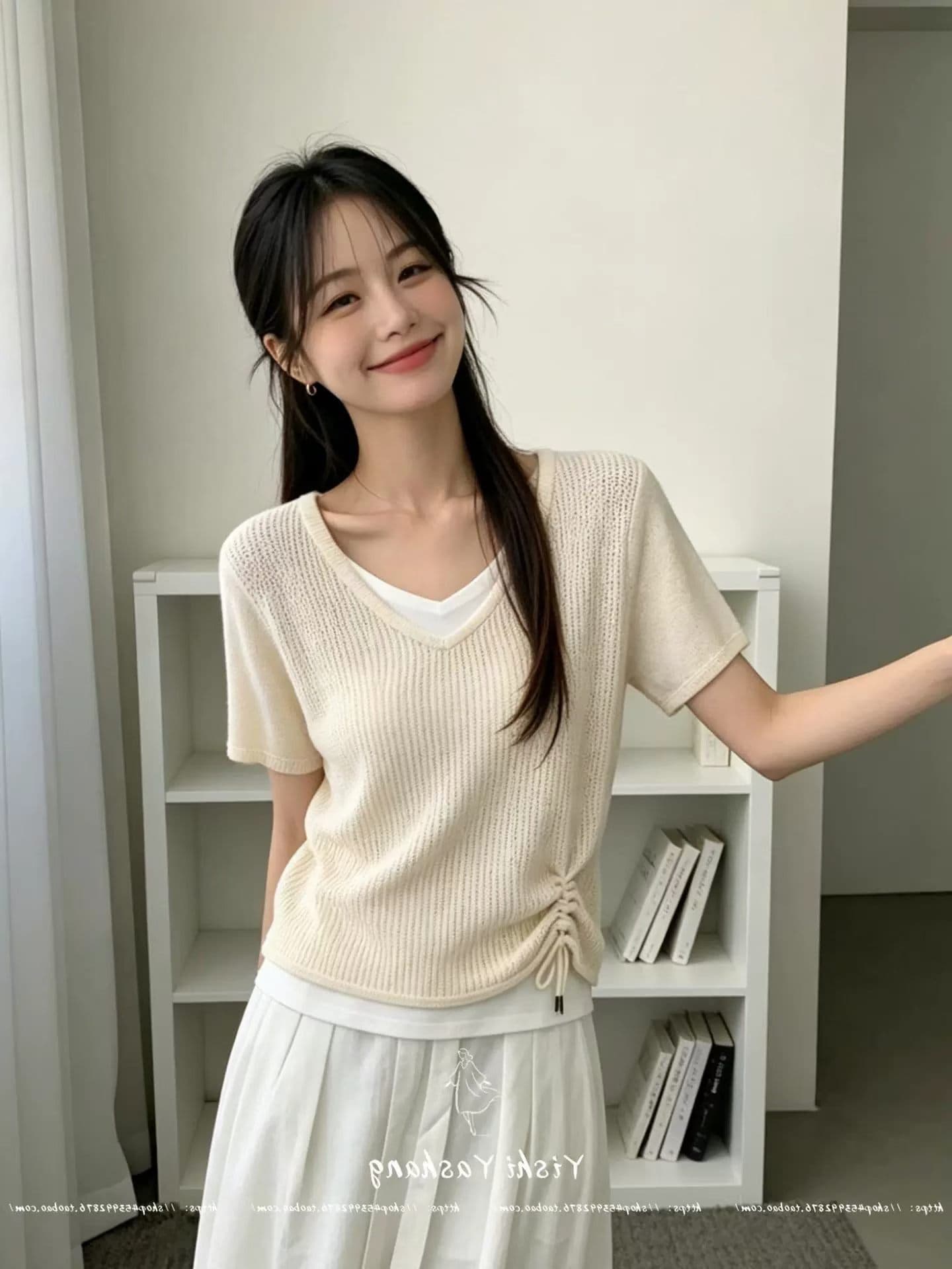 재고 있음 불규칙 V넥 펌프 로프 배색 페이크 레이어드 맨위 여성 여름 한국 스타일 연령 감소 얼음 실크 니트 스웨터 상세 이미지 4