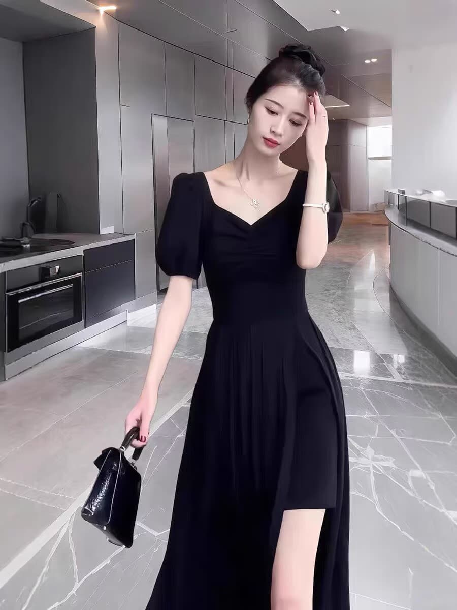 재고 있음 프랑스식 광장 칼라 검정색 여성 드레스 2026 여름 품격 트임 작은 키 몸매 가꾸기 슬림해 보이는 길다 치마 상세 이미지 3
