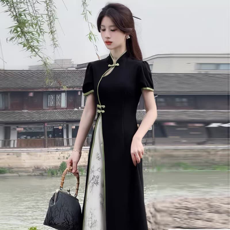 재고 있음 검정색 스탠드 칼라 치파오 여성 드레스 여름 새로운 국풍 패치워크 대나무 프린트 허리 수축 단추 롱 스커트 이미지 2
