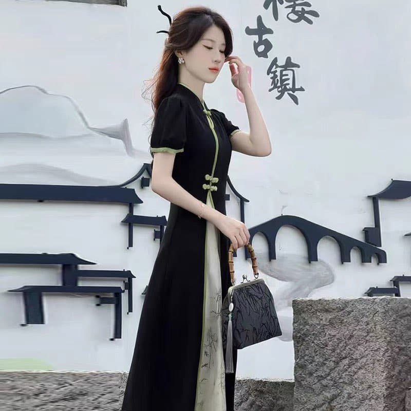 재고 있음 검정색 스탠드 칼라 치파오 여성 드레스 여름 새로운 국풍 패치워크 대나무 프린트 허리 수축 단추 롱 스커트 상세 이미지 3