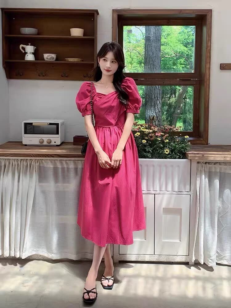 재고 있음 한 부서 부드러운 캄파넬라 세과 바람 장미 핑크색 허리 수축 드레스 나비 매듭 거품 소매 드레스 이미지 3