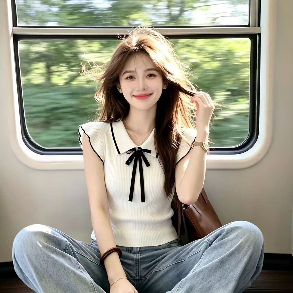 재고 있음 배색 나비 매듭 작은 날다 소매 짠 셔츠 여성 여름 새로운 품격 부드러운 작은 대중 이미지 4