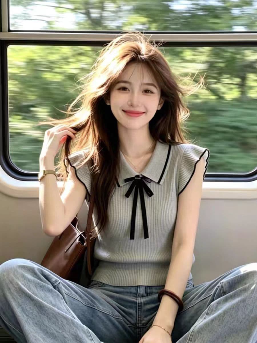 재고 있음 배색 나비 매듭 작은 날다 소매 짠 셔츠 여성 여름 새로운 품격 부드러운 작은 대중