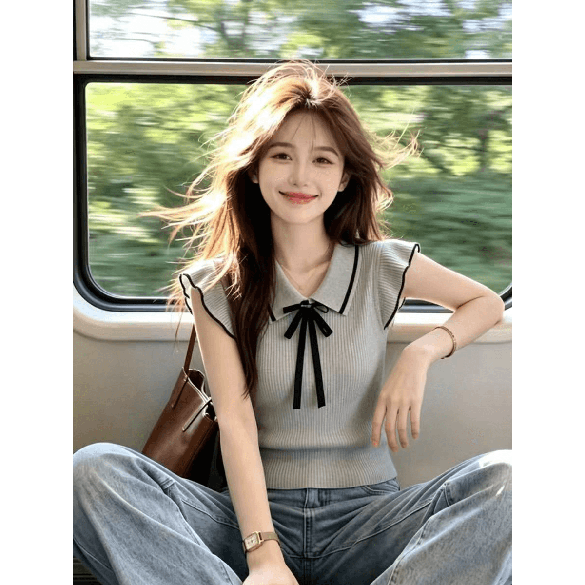 재고 있음 배색 나비 매듭 작은 날다 소매 짠 셔츠 여성 여름 새로운 품격 부드러운 작은 대중 상세 이미지 6