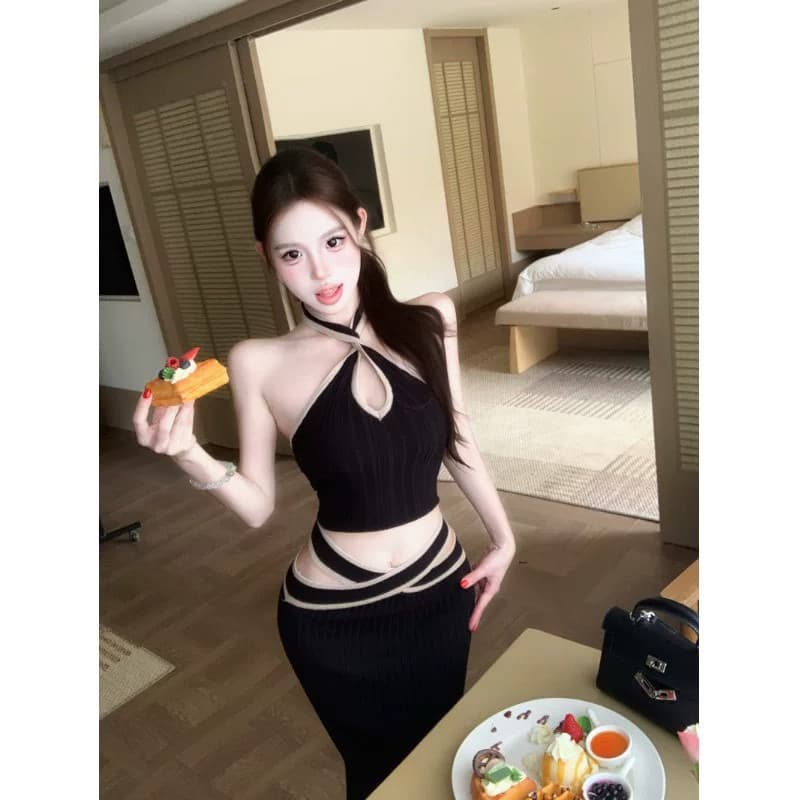 재고 있음 핫걸 바람 세트 배색 홀로우 아웃 행침 목 조끼 섹시함 타이트 스커트 치마 트임 반신 스커트 투피스 세트 상세 이미지 4
