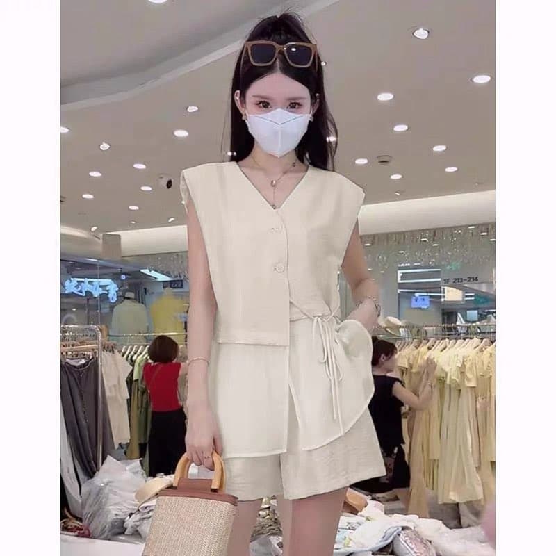재고 있음 빛 요리 한 소금 부서 작은 대중 아니요 명중 섹션 세트 여성 망사 패치워크 민소매 베스트 캐주얼 반바지 투피스 세트 상세 이미지 2