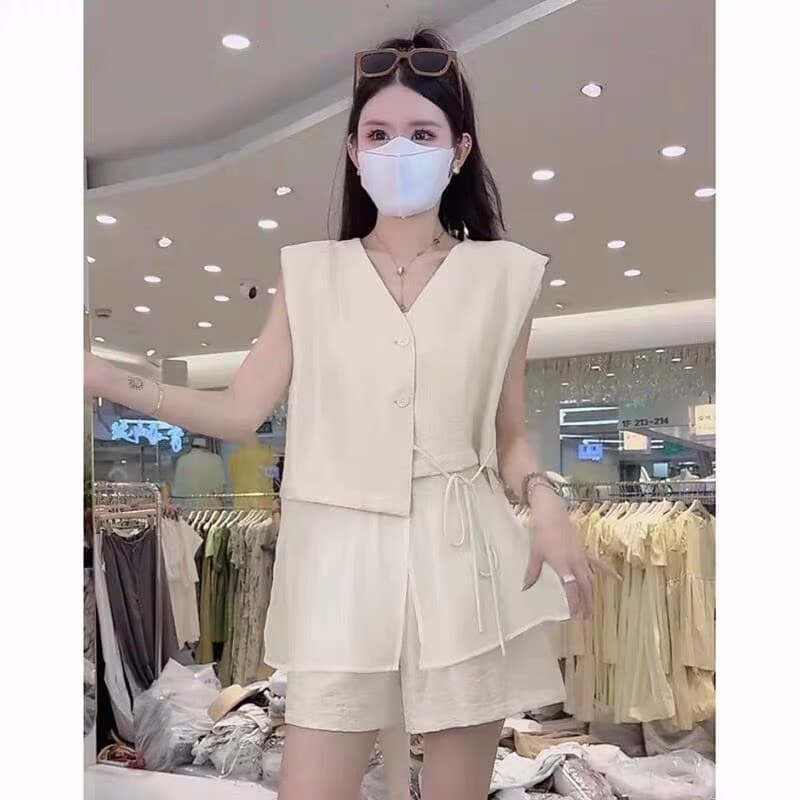 재고 있음 빛 요리 한 소금 부서 작은 대중 아니요 명중 섹션 세트 여성 망사 패치워크 민소매 베스트 캐주얼 반바지 투피스 세트 상세 이미지 4