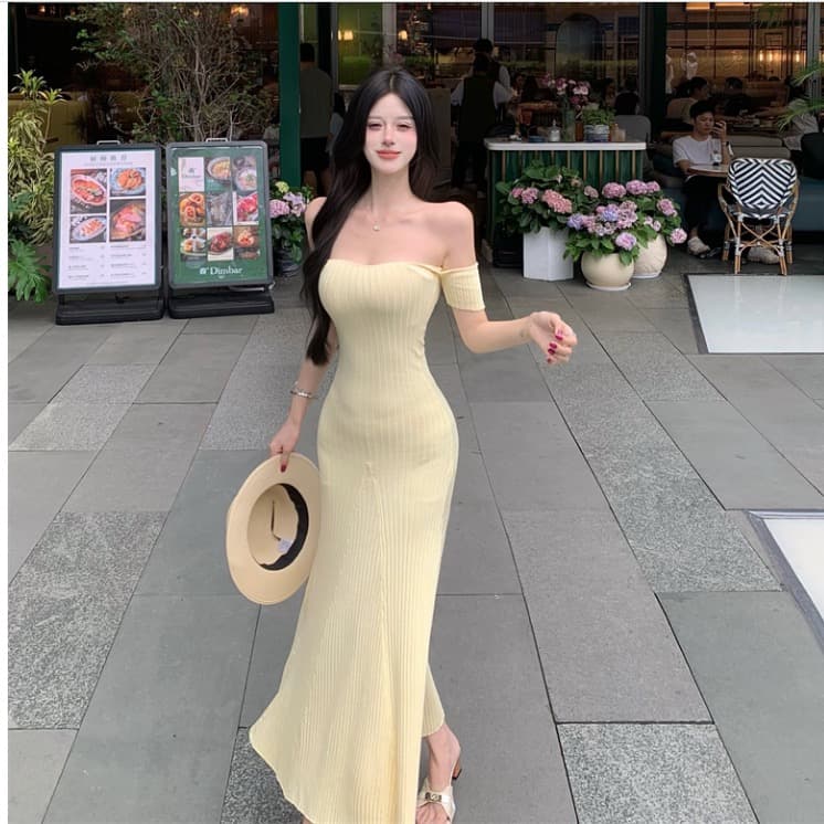 재고 있음 한국 얼음 실크 드레스 천 골드 명문 여성 품격 순수한 욕망 바람 보트넥 오프숄더 허리 수축 타이트 스커트 롱 스커트 상세 이미지 6