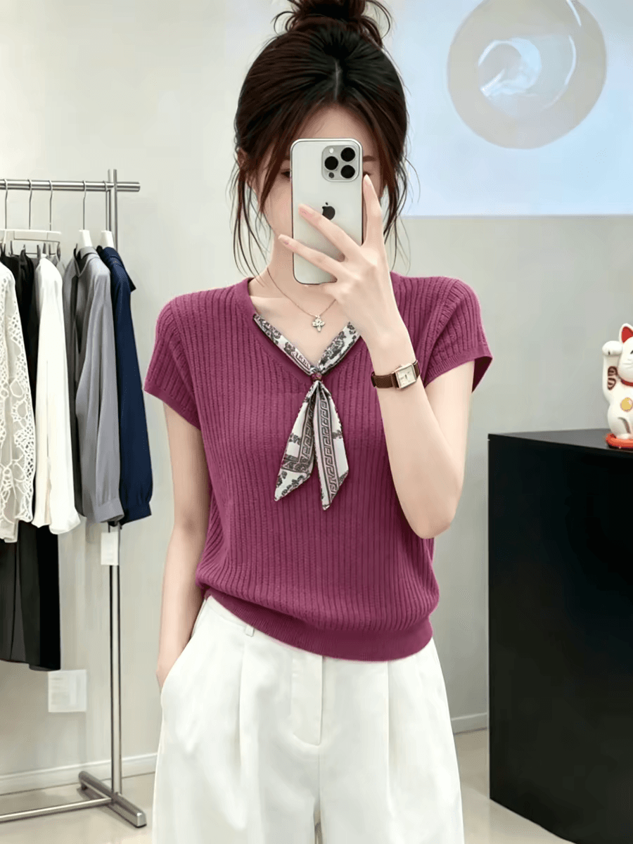 재고 있음 얇은 스타일 스카프 V넥 반팔 얼음 실크 니트 스웨터 여성 2026 년 고급 센스 슬림해 보이는 다용도 맨위 이미지 2