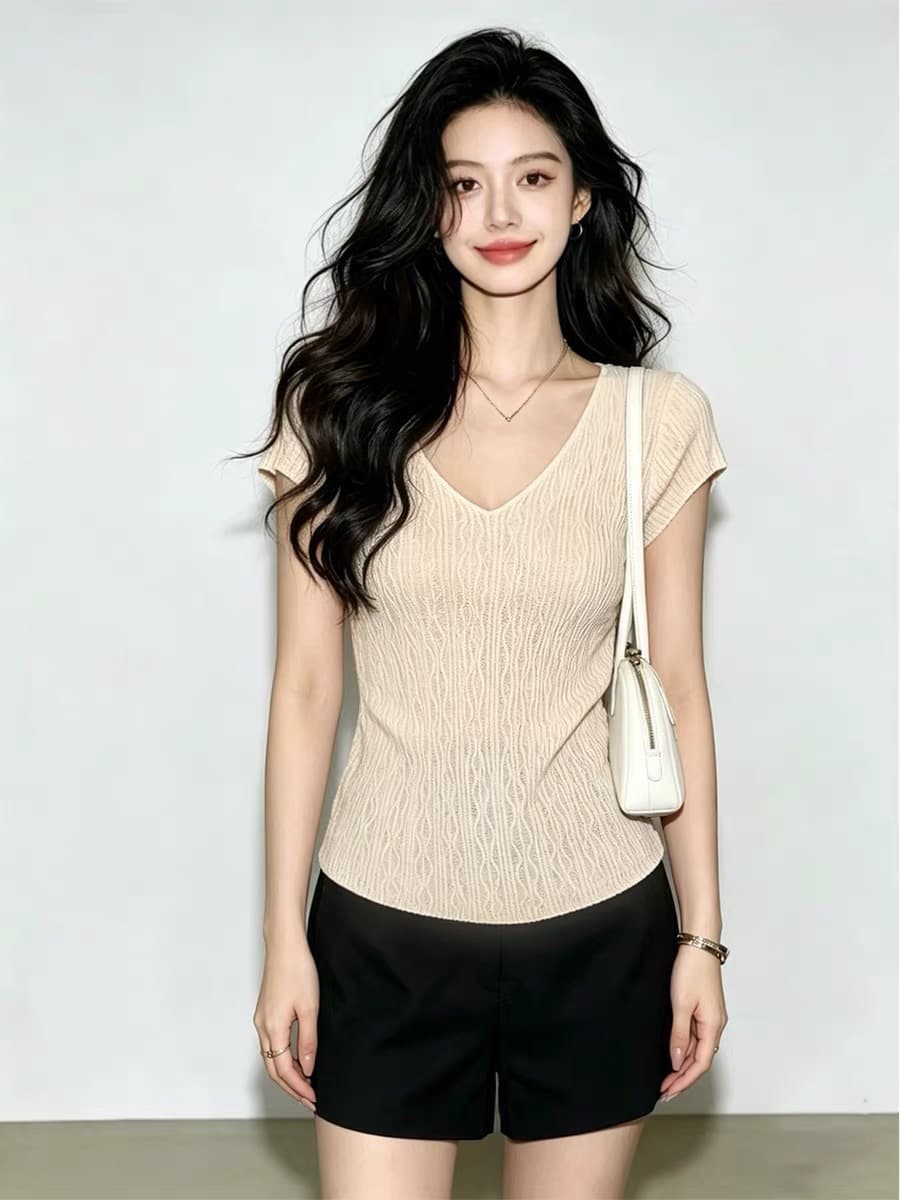 재고 있음 한 부서 착용 가져 가라. 살구 색상 V넥 수직 구덩이 기사 니트 반팔 티셔츠 자이언트 잘 생긴 ~ 중 연령 감소 맨위 26 여름 이미지 3