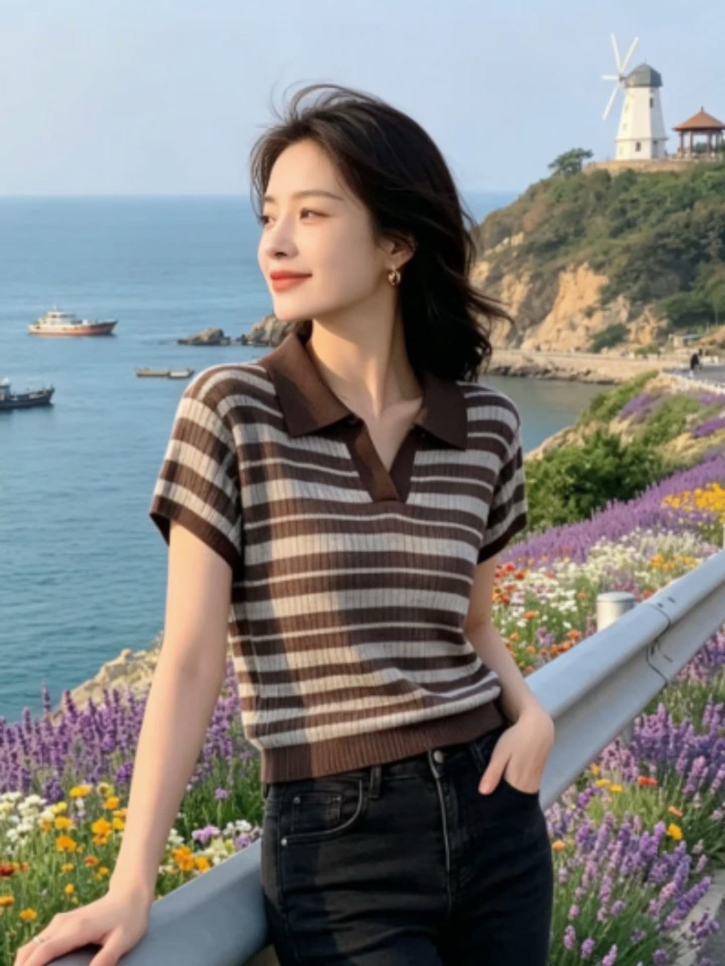 재고 있음 한국 스타일 커피 색상 POLO 칼라 스트라이프 니트 스웨터 여성 2026 지방 mm 몸매 가꾸기 슬림해 보이는 슈퍼 화재 연령 감소 맨위 상세 이미지 5