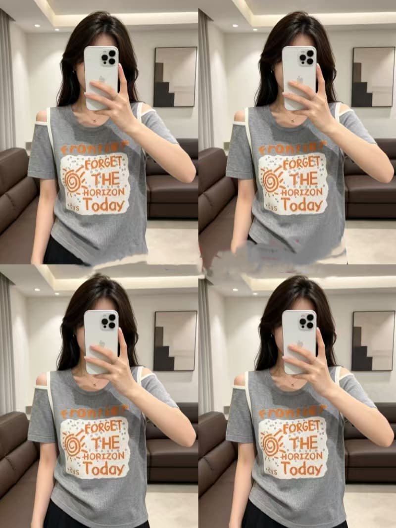 재고 있음 라운드 넥 알파벳 프린트 디자인 2026 니트 스웨터 여름 슬림해 보이는 패션 ins 맨위 다용도 반팔 여성 상세 이미지 2