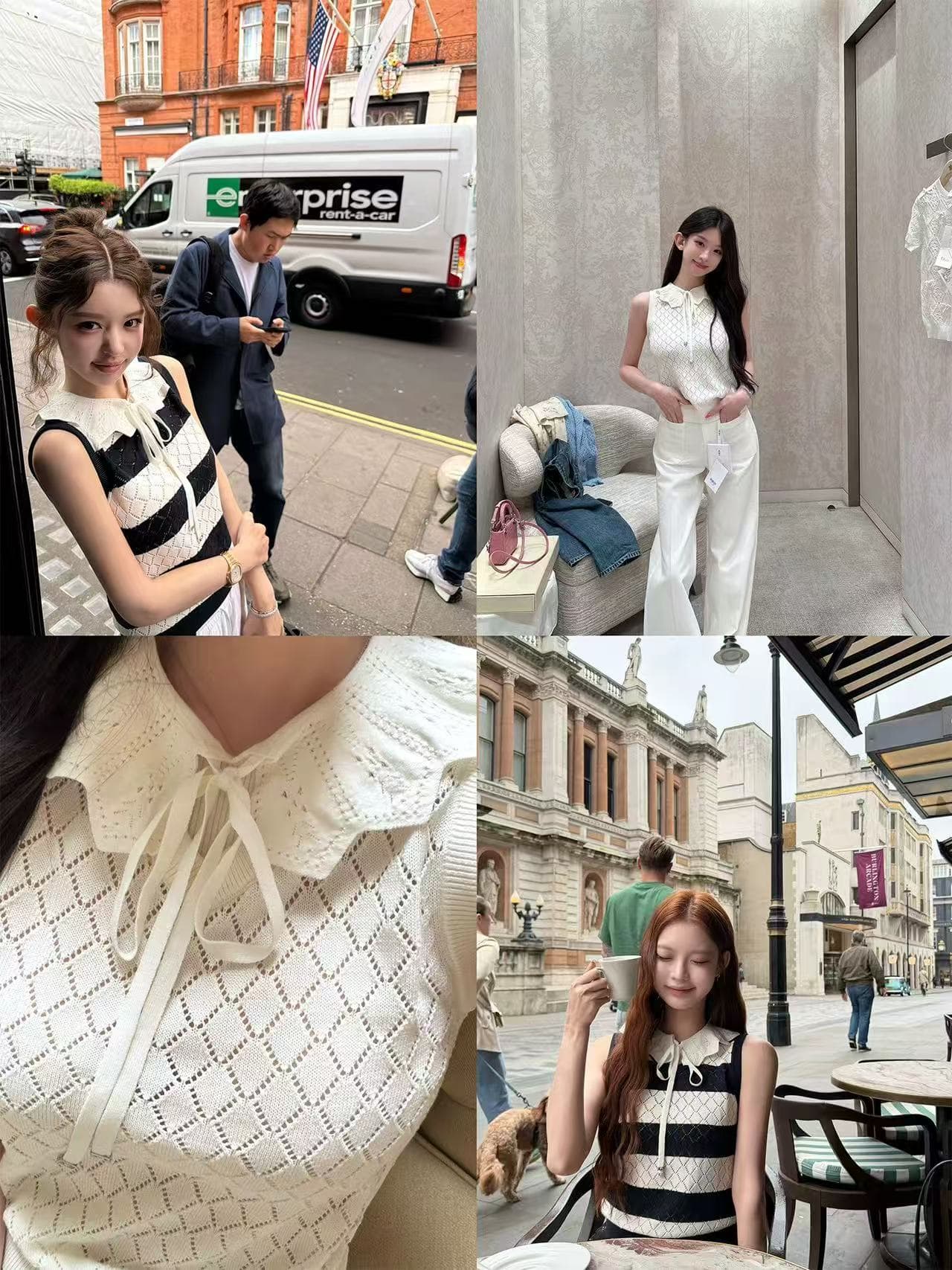 재고 있음 모직물 자카드 프릴 칼라 레이스업 스트라이프 민소매 니트 맨위 상세 이미지 6