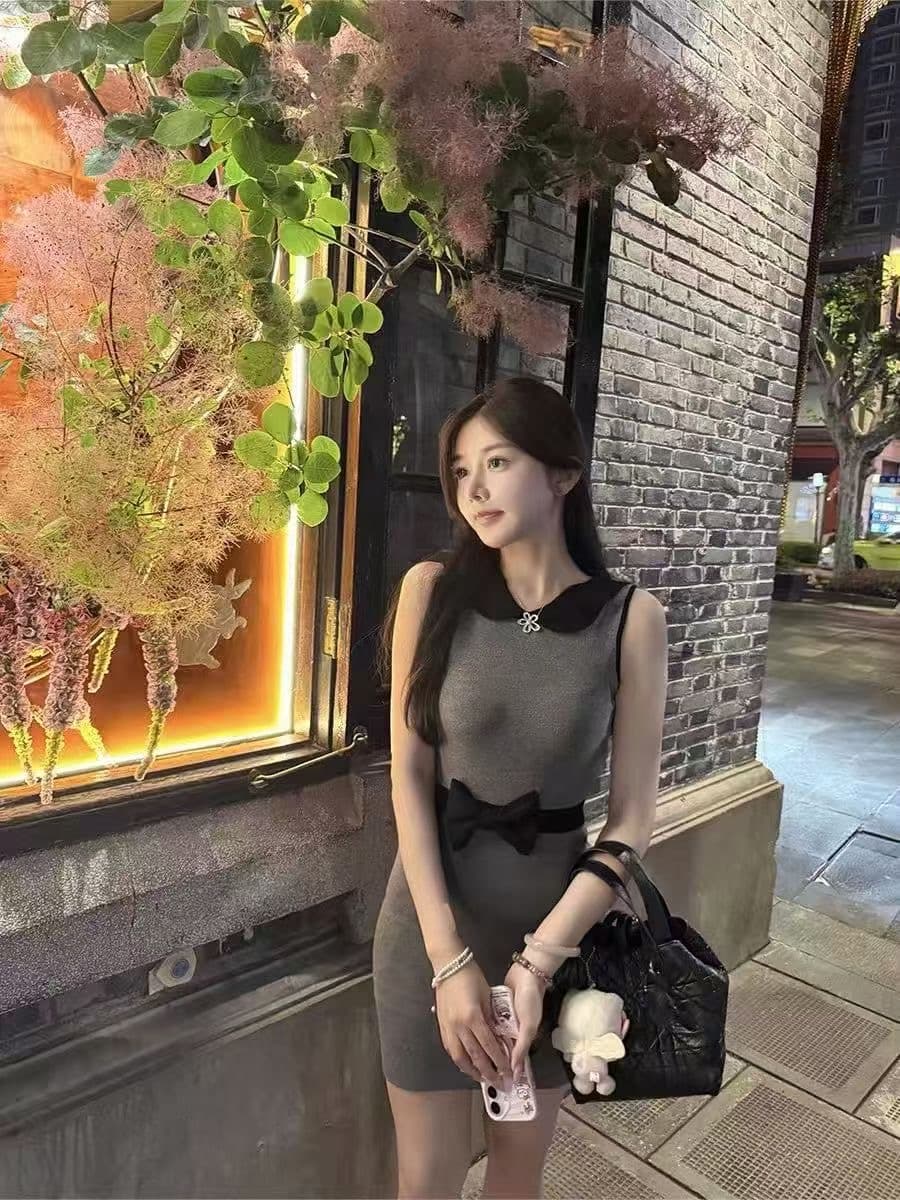 재고 있음 작은 샤넬 스타일 베이비 칼라 니트 드레스 계절 순수한 욕망 섹시함 타이트 스커트 프랑스식 명문 여성 나비 매듭 치마 이미지 4