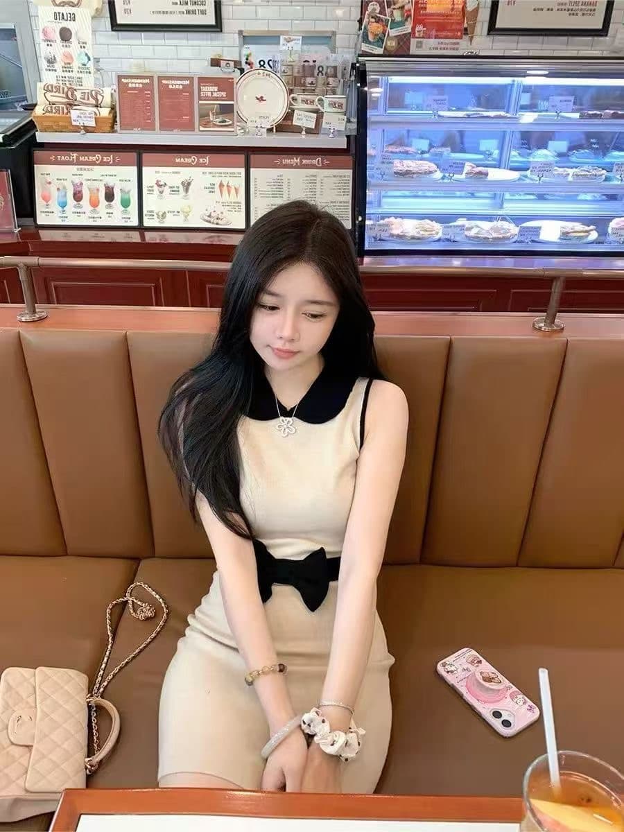 재고 있음 작은 샤넬 스타일 베이비 칼라 니트 드레스 계절 순수한 욕망 섹시함 타이트 스커트 프랑스식 명문 여성 나비 매듭 치마 이미지 3