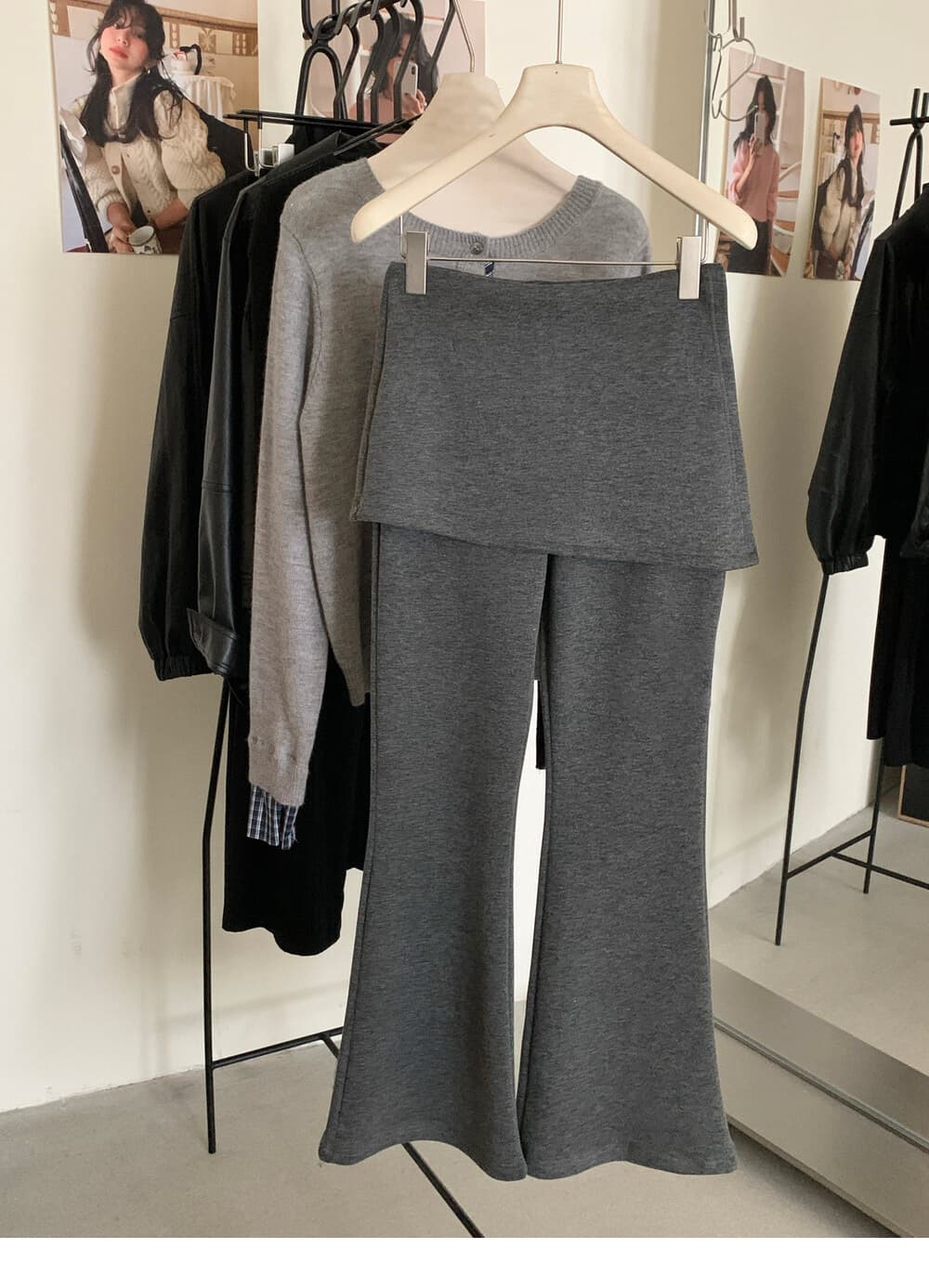 디자인 센스 패치워크 페이크 레이어드 랩스커트팬츠 부츠컷 털이 있는 캐주얼 바지 새로운 하이웨이스트 슬림해 보이는 스트레이트 털이 있는 긴 바지 상세 이미지 10