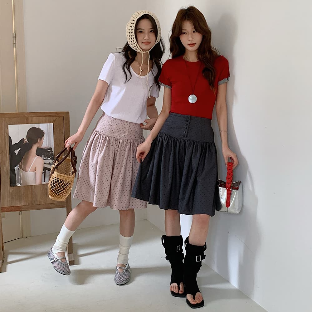 실사 봄 여름 한 부서 레트로 도트 무늬 반신 스커트 여성 슬림해 보이는 한 마디 미니 스커트 몸매 가꾸기 다용도 디자인 센스 반 스커트 이미지 3