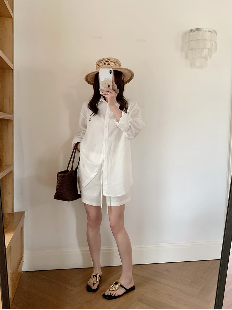 실사 프로 피부 통기성 버전 셔츠 세트 여성 여름 느긋한 느슨함 루즈핏 미니멀리즘 면 린넨 반바지 투피스 세트 상세 이미지 2