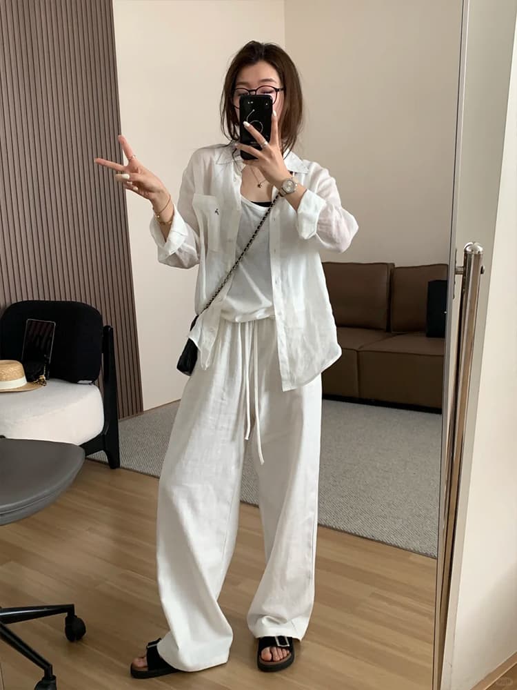 단색 펌프 로프 다용도 루즈핏 슬림해 보이는 넓은 다리 캐주얼 바지 라미 모통이 칼 바닥 청소 바지 이미지 4
