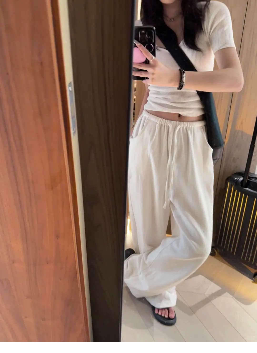 단색 펌프 로프 다용도 루즈핏 슬림해 보이는 넓은 다리 캐주얼 바지 라미 모통이 칼 바닥 청소 바지 상세 이미지 3