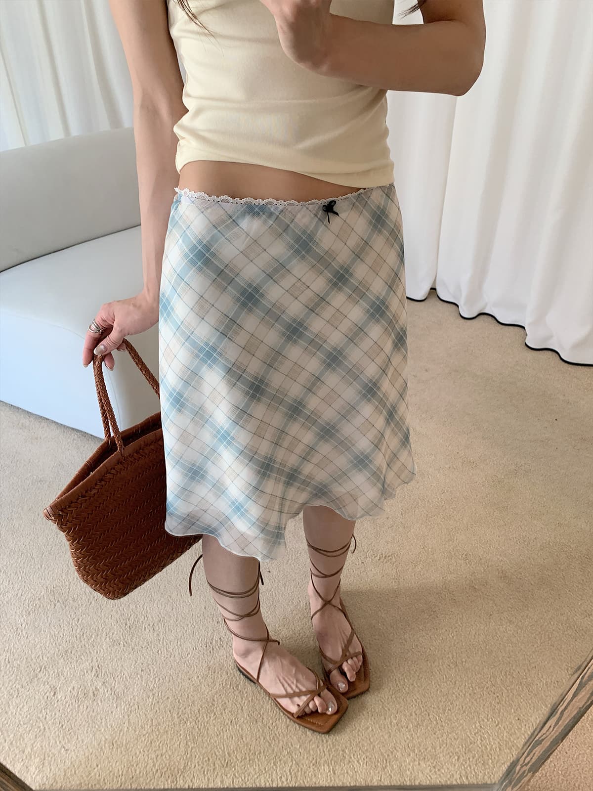 실사 프랑스식 레트로 도트 무늬 반신 스커트 여성 여름 miu 부서 한 마디 쉬폰 체크무늬 화이트 치마 이미지 2
