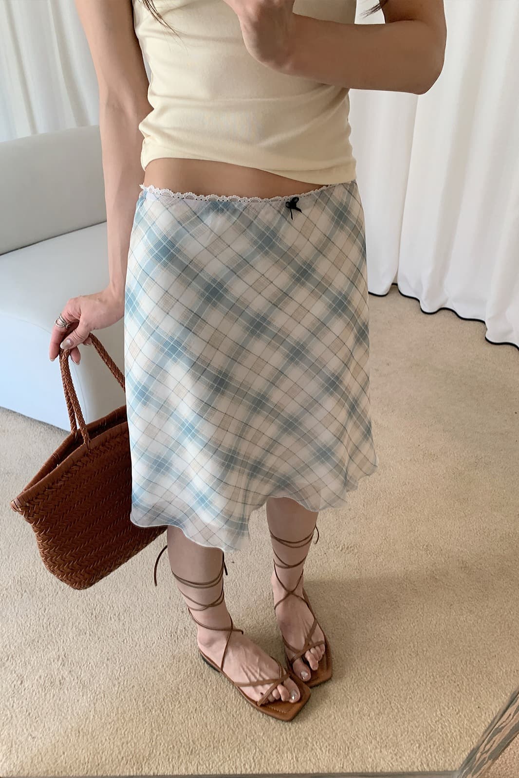 실사 프랑스식 레트로 도트 무늬 반신 스커트 여성 여름 miu 부서 한 마디 쉬폰 체크무늬 화이트 치마 이미지 7