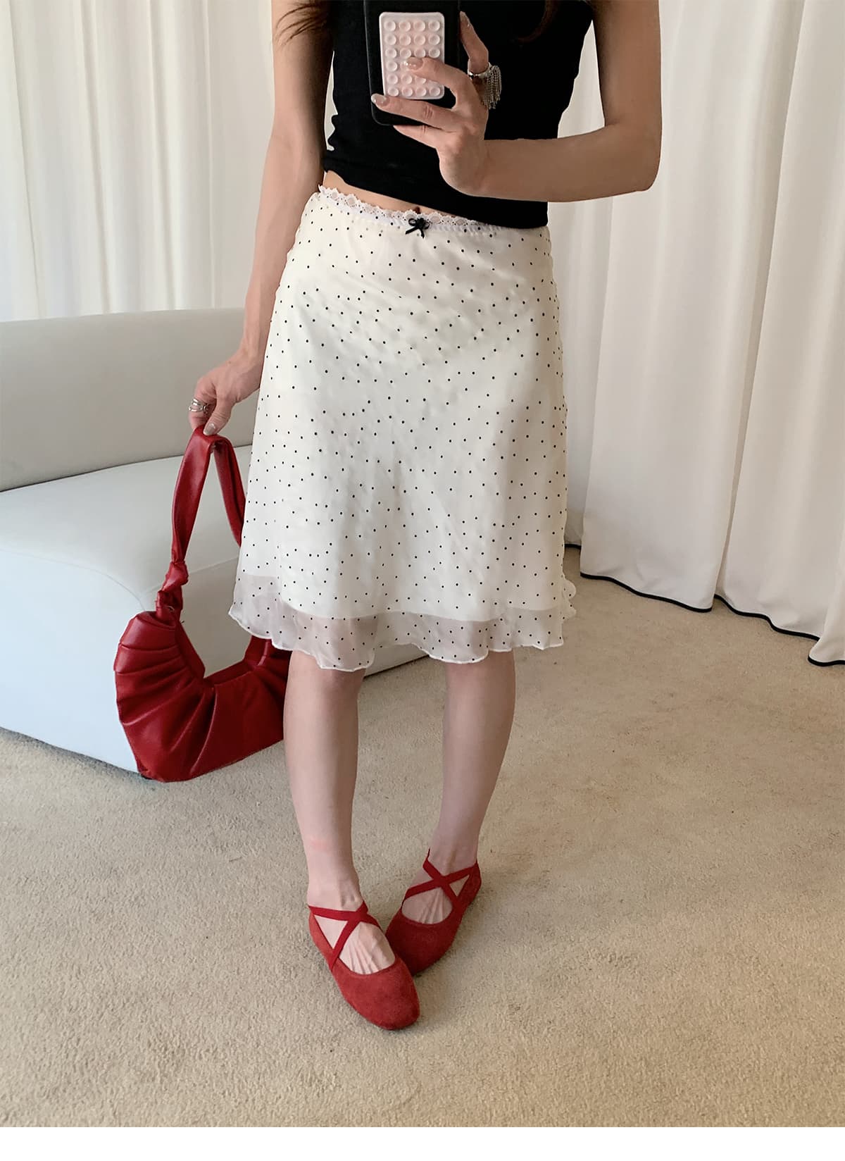 실사 프랑스식 레트로 도트 무늬 반신 스커트 여성 여름 miu 부서 한 마디 쉬폰 체크무늬 화이트 치마 상세 이미지 27