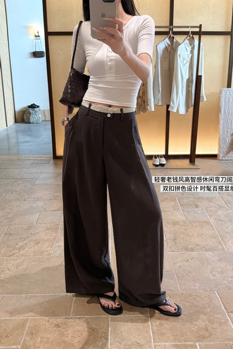 빛 럭셔리 오래된 돈 바람 높음 지혜 캐주얼 바지 허리 머리 패치워크 색상 디자인 세련된 다용도 캐주얼 바지 넓은 다리 바닥 청소 바지 이미지 6