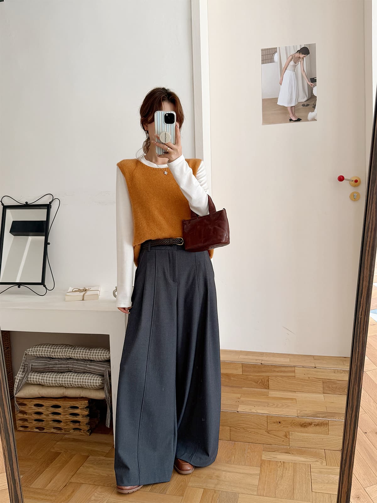 실사 익스트림 제인 바람 한 부서 착용 가져 가라. 와이드 레깅스 바지 가을 출퇴근 하이웨이스트 3 차원 압력 라인 디자인 센스 캐주얼 긴 바지 상세 이미지 1