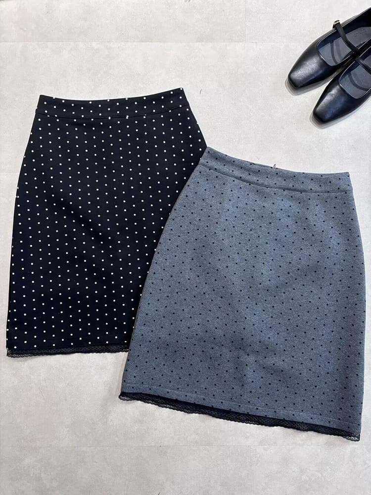 가을 겨울 레이스 측면 패치워크 도트 무늬 모직 반신 스커트 여성 배 모양 표지 넓적 다리 슬림해 보이는 중간 스커트 빅 사이즈 두꺼운 A라인 스커트 이미지 2